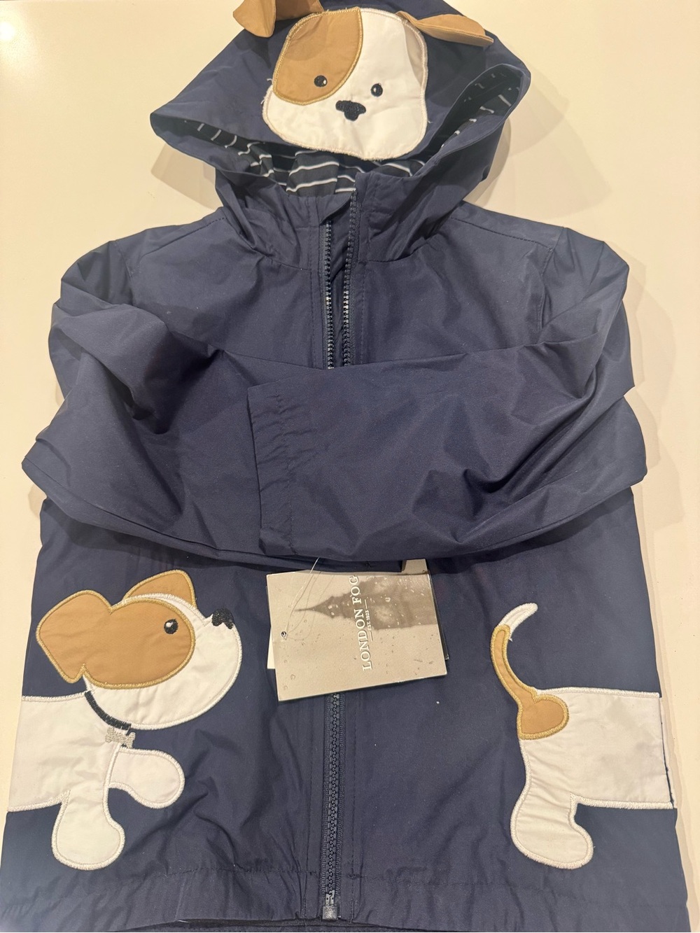 London Fog Navy Kids Hooded Raincoat with Dog Appliques
